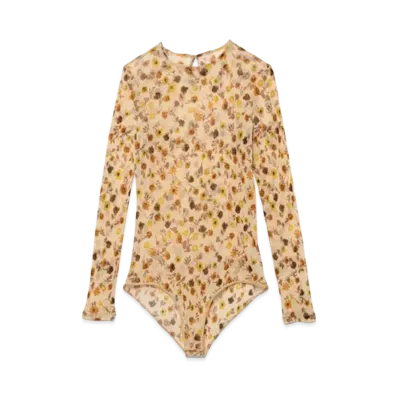 FUMIKA UCHIDA Flower Printed Tulle Crew-neck Bodysuit "Ecru"