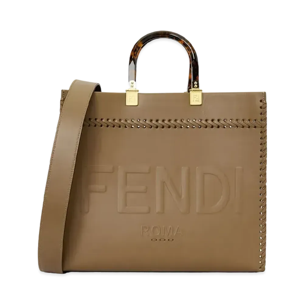FENDI Sunshine Medium Leather Shopper Decor Stitch "Beige"
