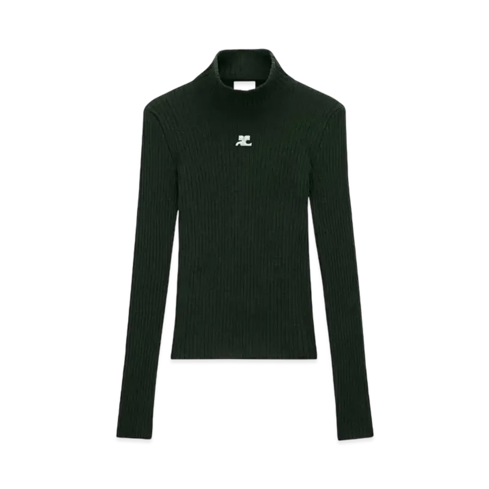 Courreges Reedition Rib Knit Mockneck Sweater "Dark Green"