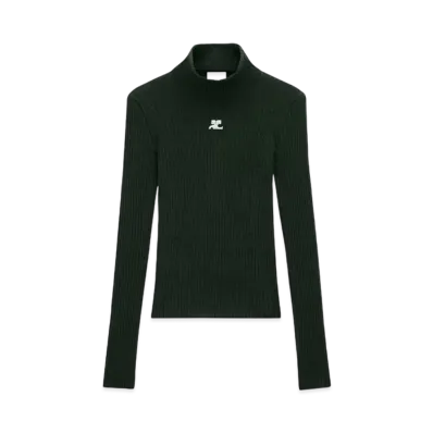 Courreges Reedition Rib Knit Mockneck Sweater "Dark Green"