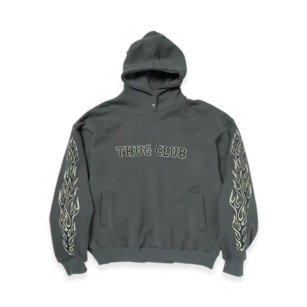 THUG CLUB Leather Flame Hoodie "Grey"
