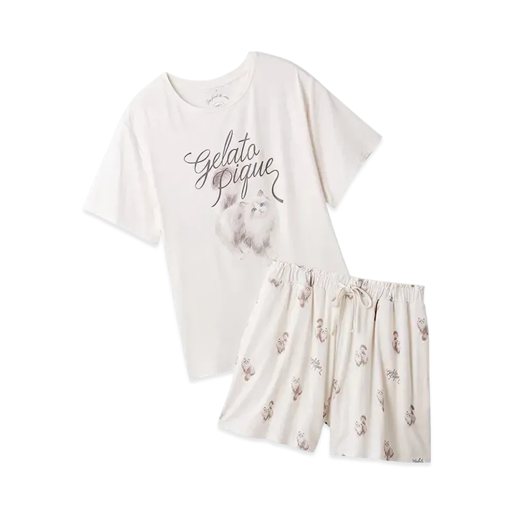 GELATO PIQUE Cat Pattern One-Point T-Shirt & Shorts Set "Ivory"