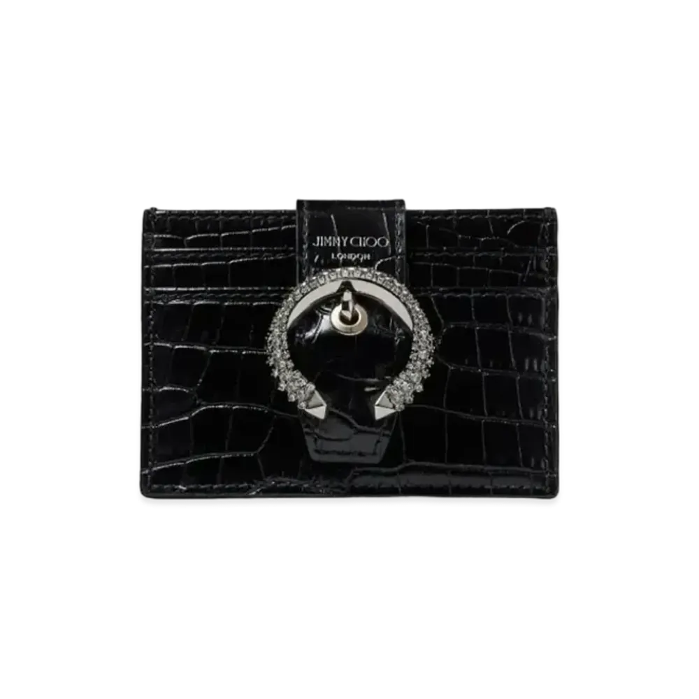 Jimmy Choo Umika Shiny Croc-Embossed Leather Wallet With Crystal Buckle "Black"