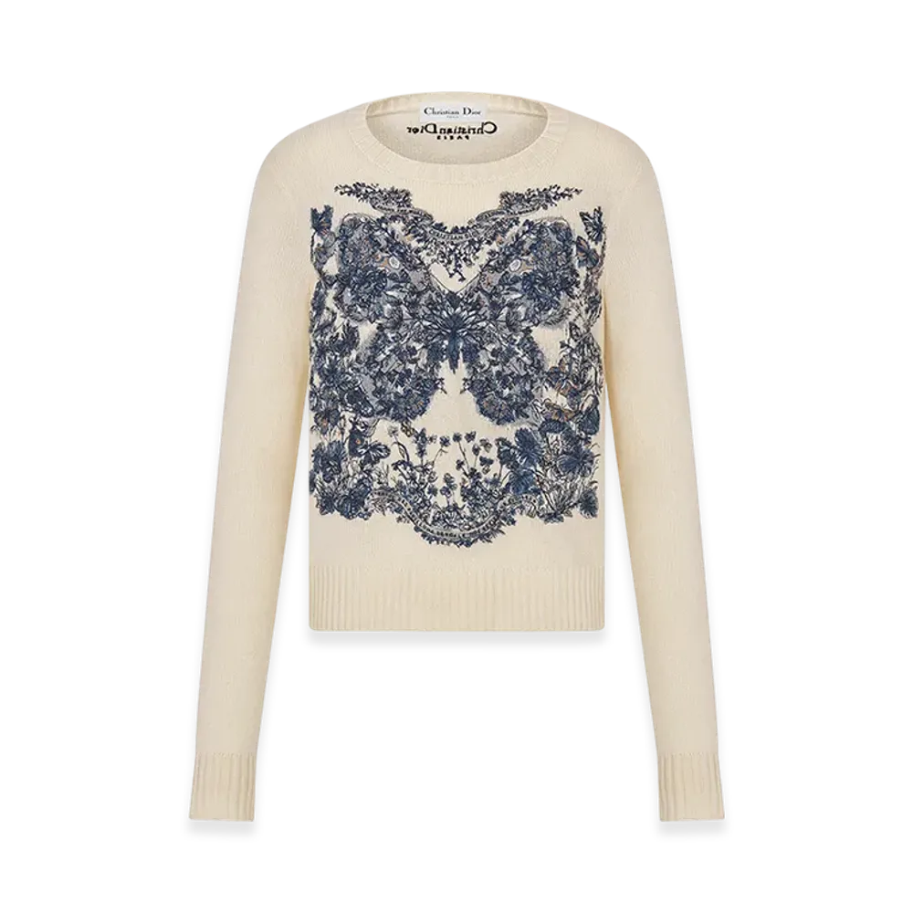 Dior Women's Embroidered Sweater Cashmere Knit Butterfly Around The World Motif "Ecru/Pastel Midnight Blue"