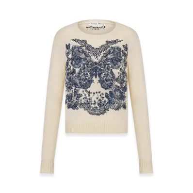 Dior Women's Embroidered Sweater Cashmere Knit Butterfly Around The World Motif "Ecru/Pastel Midnight Blue"