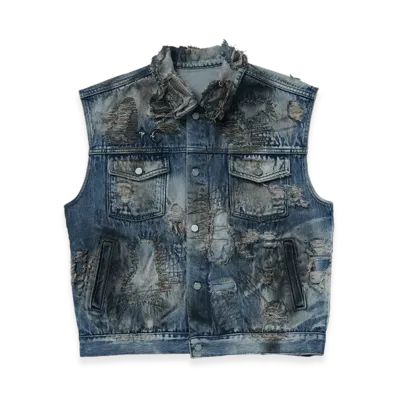 THUG CLUB Hard-Washed Damaged Denim Vest "Blue"