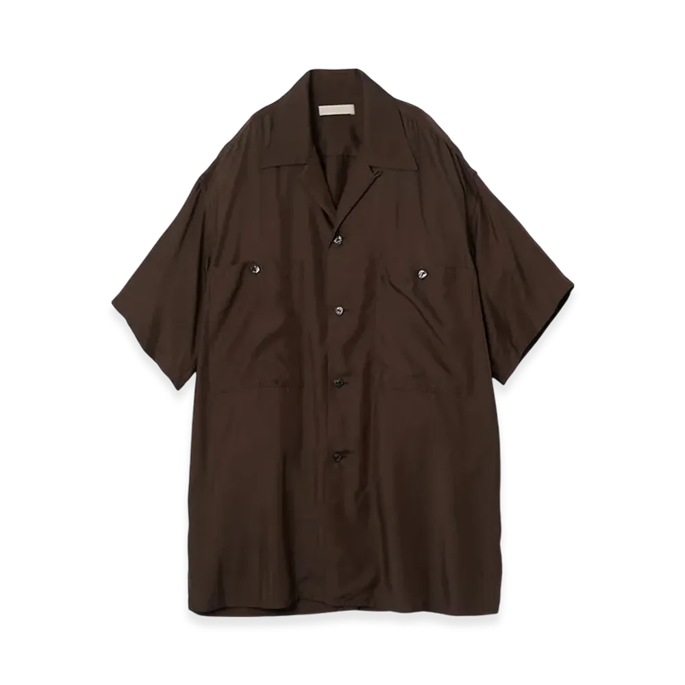 YOKE Cupro Polyester Washable Chambray Twill Open Collar Shirt "Brown"