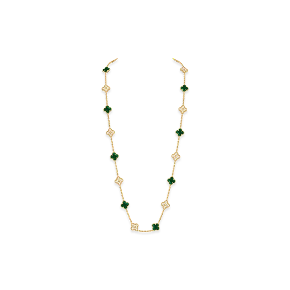 Van Cleef & Arpels Vintage Alhambra long necklace 20 motifs "18K Yellow gold/Diamond/Malachite"