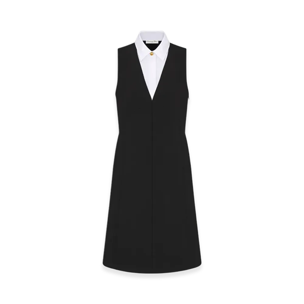 Dior Women's Double Sided Virgin Wool Crepe and Cotton Poplin Dress with Spread Collar "Black"