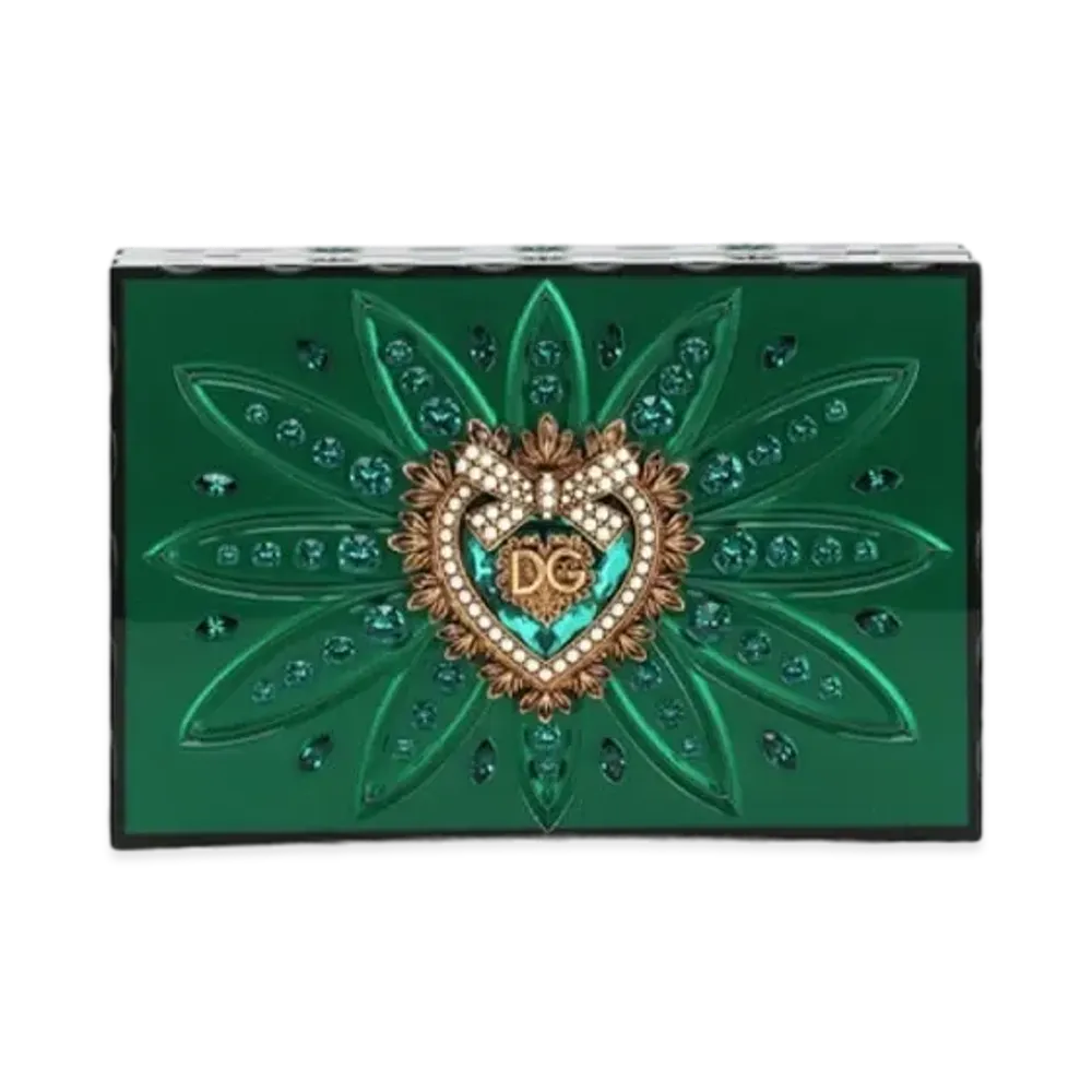 Dolce&Gabbana Devotion Box Bag Synthetic Glass Clear Rhinestone Embroidery "Green"