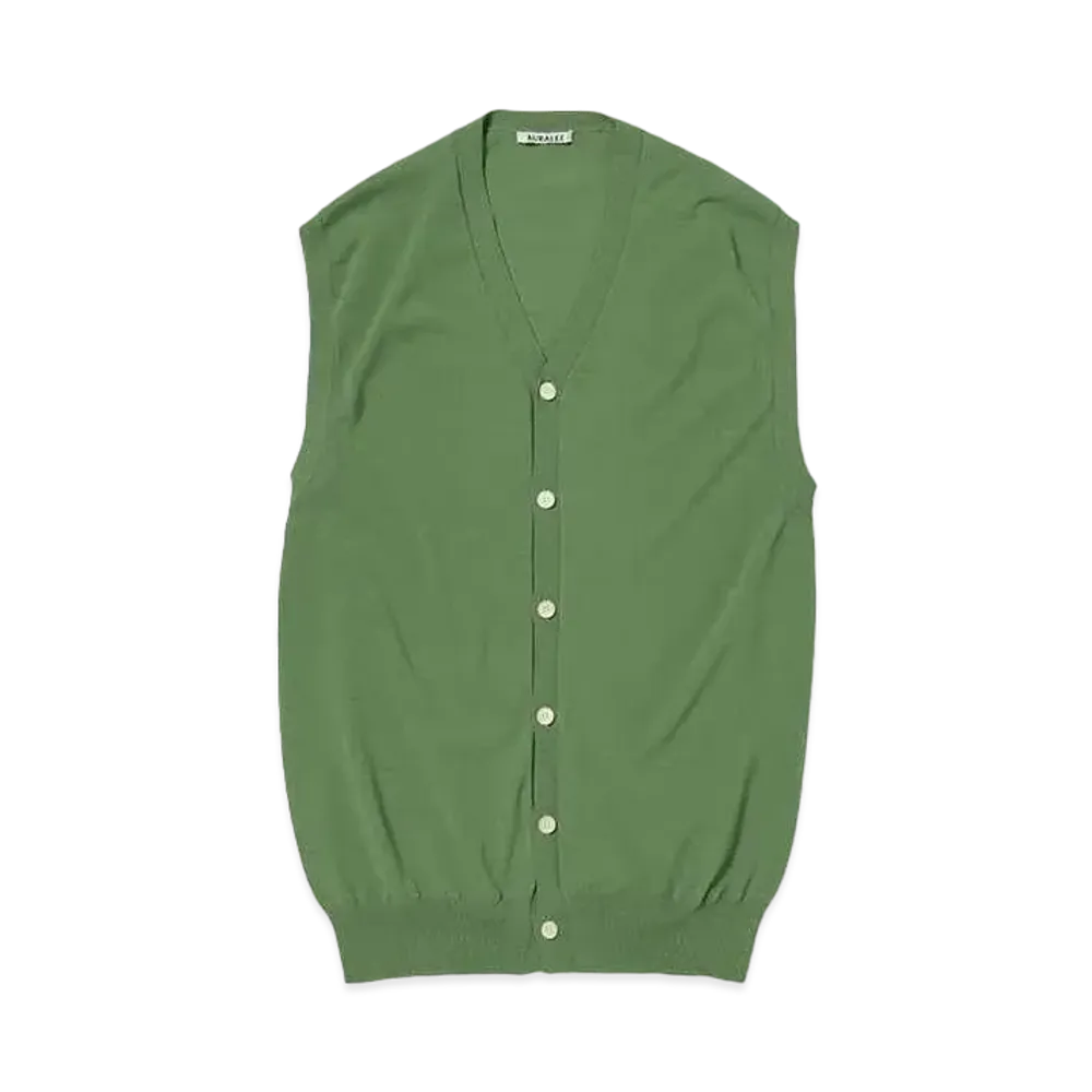 AURALEE Super Hard Twist Wool Knit V-Neck Vest "Sage Green"