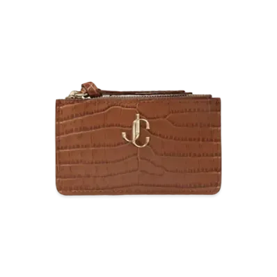 Jimmy Choo Nancy Croco Embossed Leather Key Case With JC Logo "Light Gold/Dark Tan"