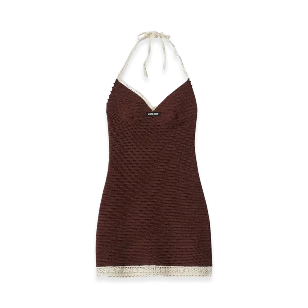 MIU MIU Women's Cotton Halter Dress "Cocoa/Ivory"