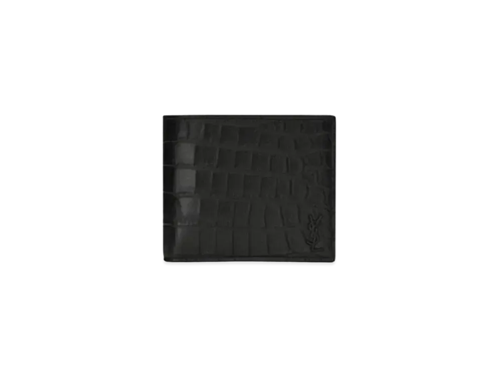SAINT LAURENT Tiny Monogram East/West Wallet With Coin Purse In Crocodile-Embossed Leather "Black"