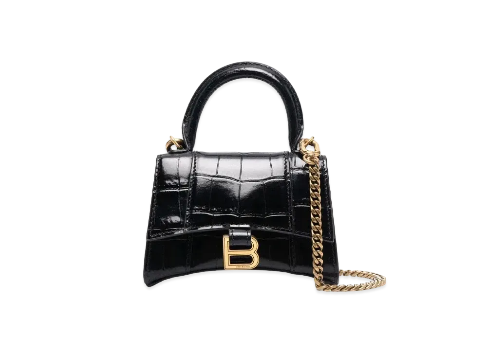 BALENCIAGA Hourglass Mini Handbag With Chain In Shiny Crocodile Embossed Calfskin "Black"
