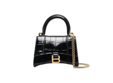 BALENCIAGA Hourglass Mini Handbag With Chain In Shiny Crocodile Embossed Calfskin "Black"