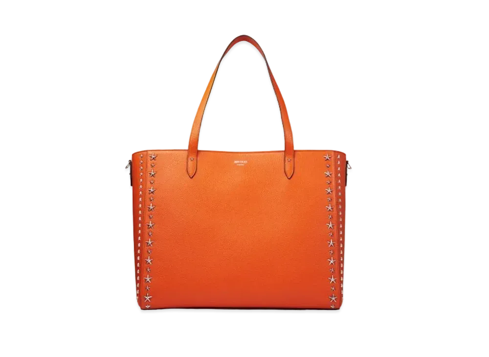 JIMMY CHOO DEELAN Soft Grainy Curf Leather Tote Bag With Silver Star Studs "Amber Orange"