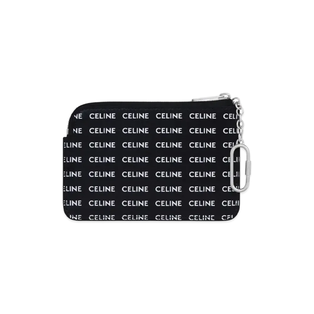 CELINE Coin & Card Pouch with Hook in Canvas with Celine All Over print "Black/White"