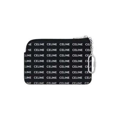 CELINE Coin & Card Pouch with Hook in Canvas with Celine All Over print "Black/White"