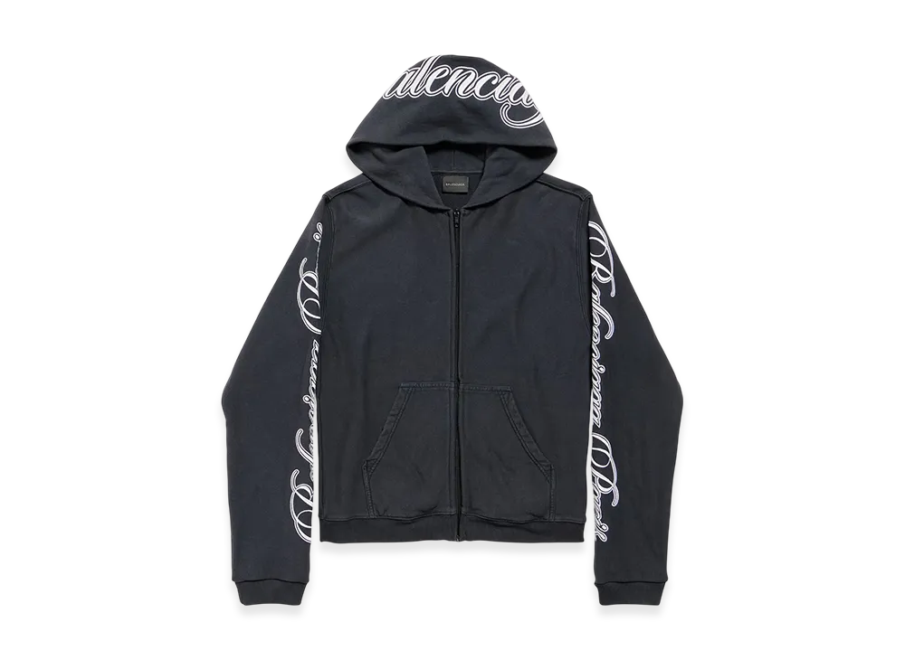 BALENCIAGA Cursive Zip-up Hoodie Regular Fit "Washed Black/White"