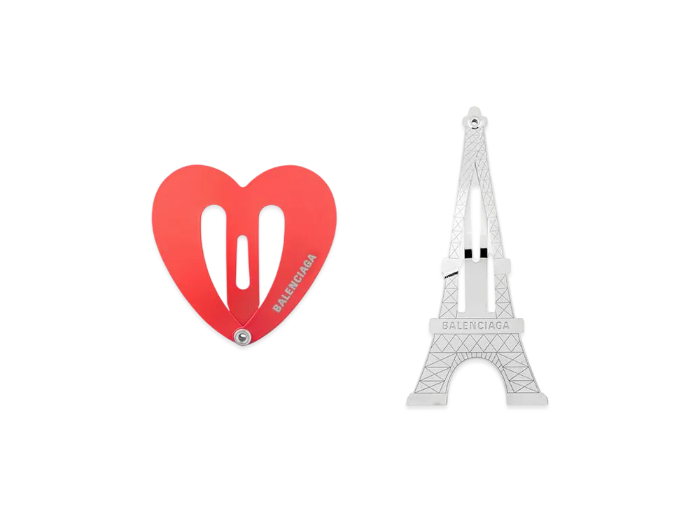 BALENCIAGA Bazaar Paris Heart Snap Clip Set "Shiny Silver/Red"