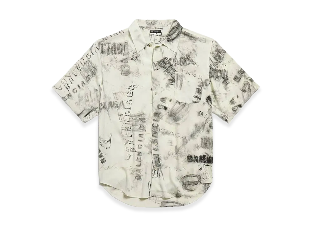 BALENCIAGA Washed Crayon Allover Short Sleeve Minimal Shirt "Grey"