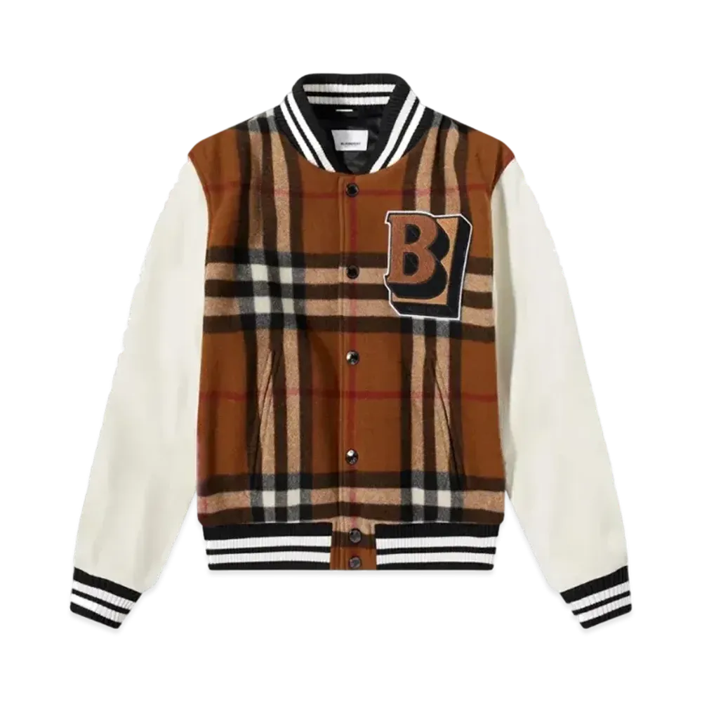 Burberry Men's Felton Check Varsity Jacket "Dark Birch Brown"