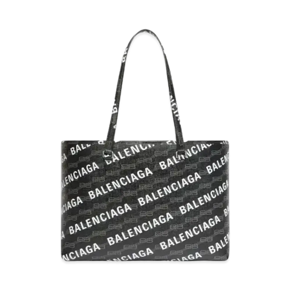 BALENCIAGA BB Monogram Signature Medium Coated Canvas All Over Logo Horizontal Shopping Bag "Black"