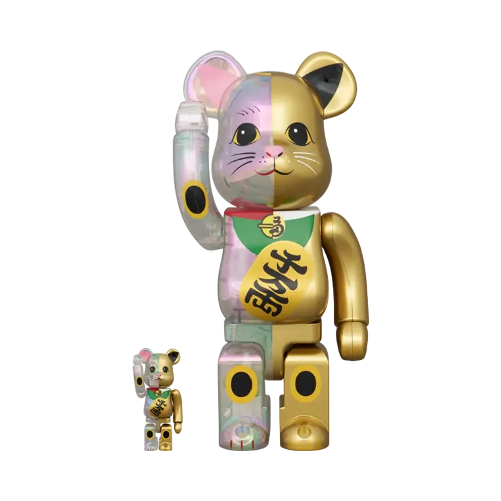 MEDICOM TOY "BEARBRICK" Maneki-Neko (Beckoning Cat) Clear Plating X Gold Paint Ten Man Ryo 100% & 400%