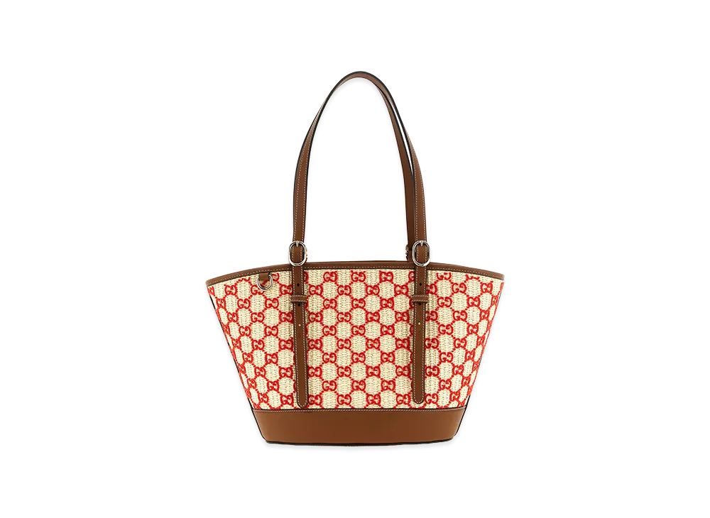 GUCCI Women's Small Woven Shopping Bag "Natural/Red"