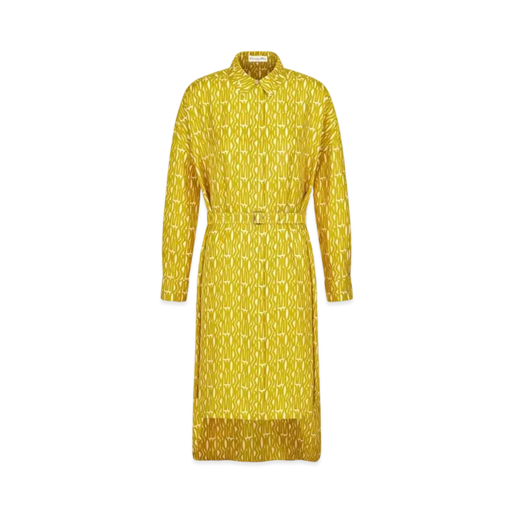 Dior Miss Dior Belted Shirtdress Silk Twill with Miss Dior Allover Motif "White/Yellow"