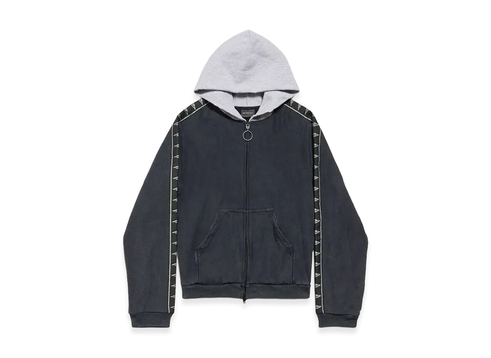 BALENCIAGA Stripe Patched Hood Zip-Up Hoodie "Faded Black/Grey"