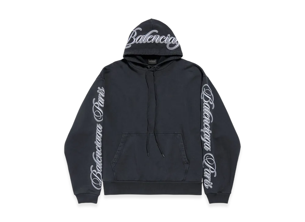 BALENCIAGA Cursive Oversized Hoodie "Washed Black/White"