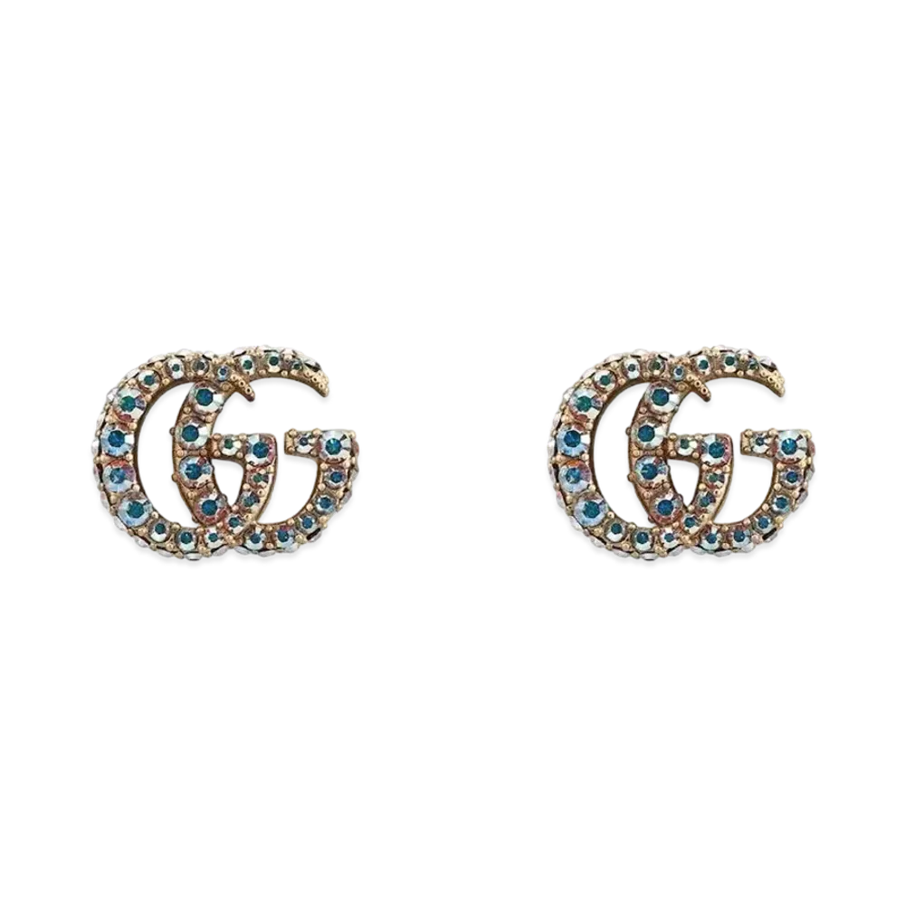 GUCCI Antique Tone Metal Crystal Double G Earrings "Gold"