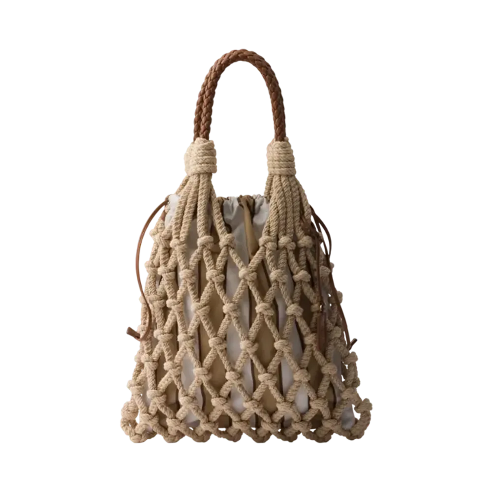 PRADA Noue Medium Cotton Macrame Bag "Beige/Camel Beige"