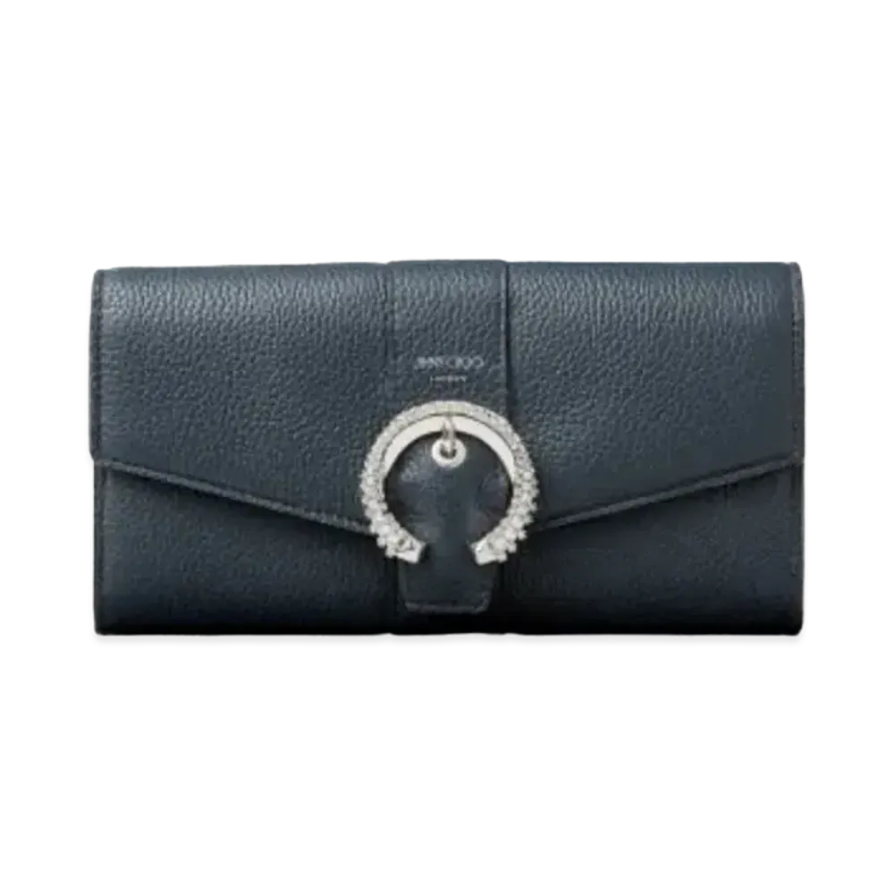 JIMMY CHOO MARTINA-C Soft Grainy Calf Leather Wallet With Crystal Buckle "Navy"