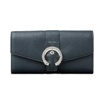JIMMY CHOO MARTINA-C Soft Grainy Calf Leather Wallet With Crystal Buckle "Navy"