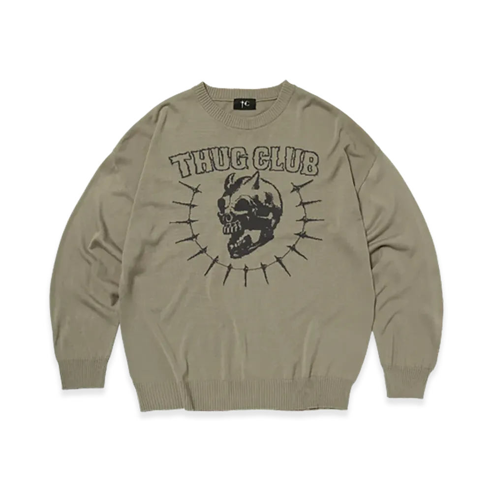 THUG CLUB TC Riding Skull Knit Sweater "Beige"