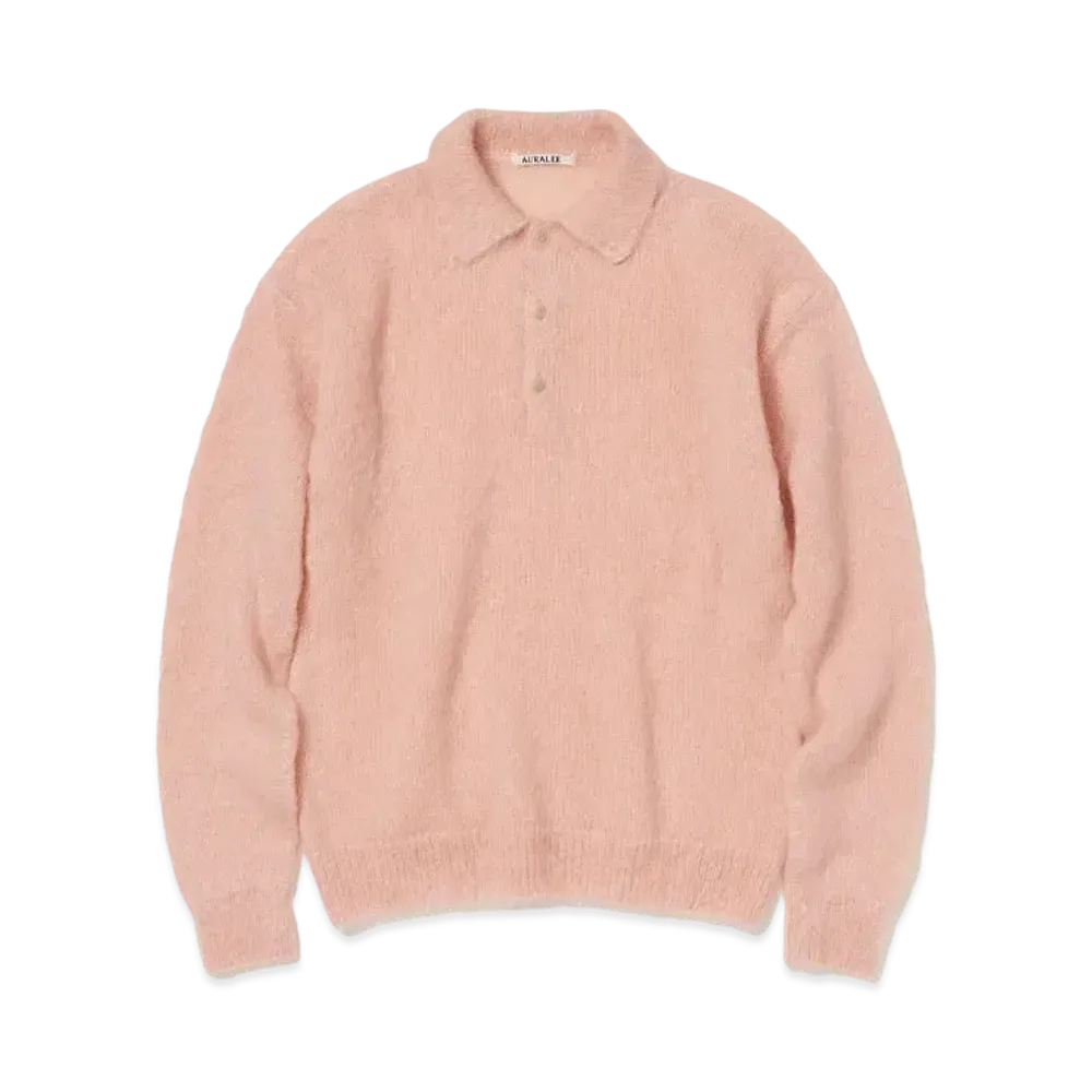AURALEE Brushed Super Kid Mohair Knit Polo "Pink Beige"
