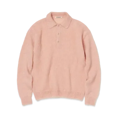 AURALEE Brushed Super Kid Mohair Knit Polo "Pink Beige"