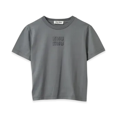 MIU MIU Women's Garment Dyed Jersey T-Shirt with Embroidered Logo "Iron Gray"
