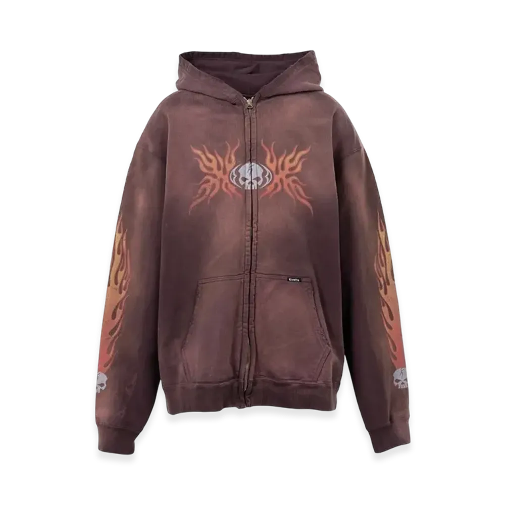 Maison MIHARA YASUHIRO x KAMIYA ''Skull Flame'' Distressed Zip-up Hoodie "Brown"