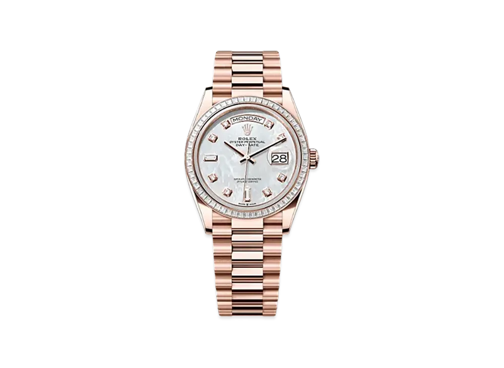 ROLEX Day-Date 36mm Everose Gold Diamond 128395TBR "White Mother-of-Pearl"