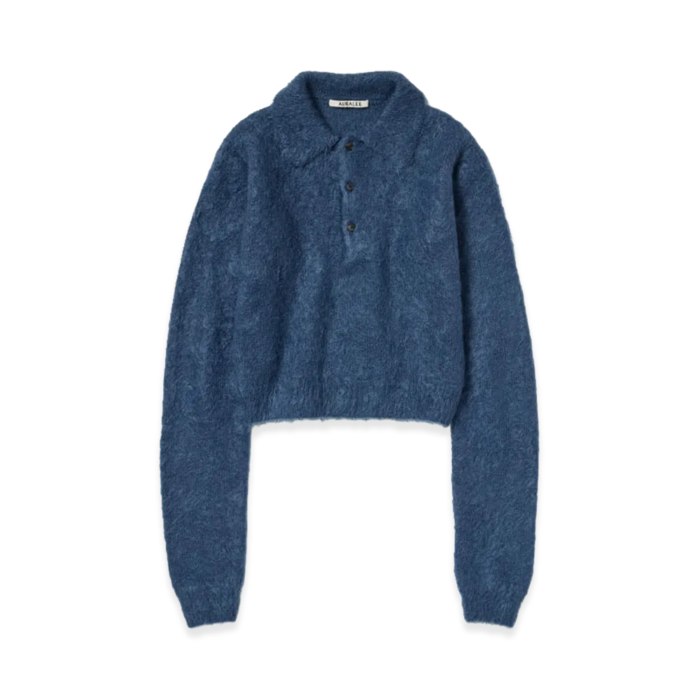 AURALEE Women's Brushed Super Kid Mohair Knit Polo "Light Navy"