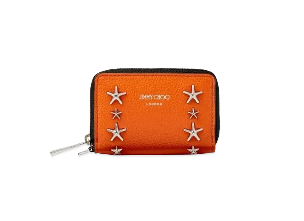 JIMMY CHOO DANNY Soft Grainy Calf Leather Coin Case With Star Studs "Amber Orange"