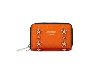 JIMMY CHOO DANNY Soft Grainy Calf Leather Coin Case With Star Studs "Amber Orange"
