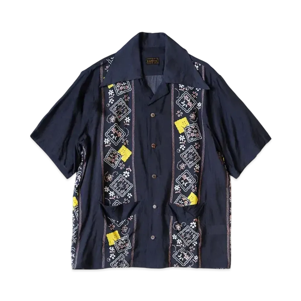 KAPITAL Silk Rayon Langle Color Cuba Shirt "Navy"