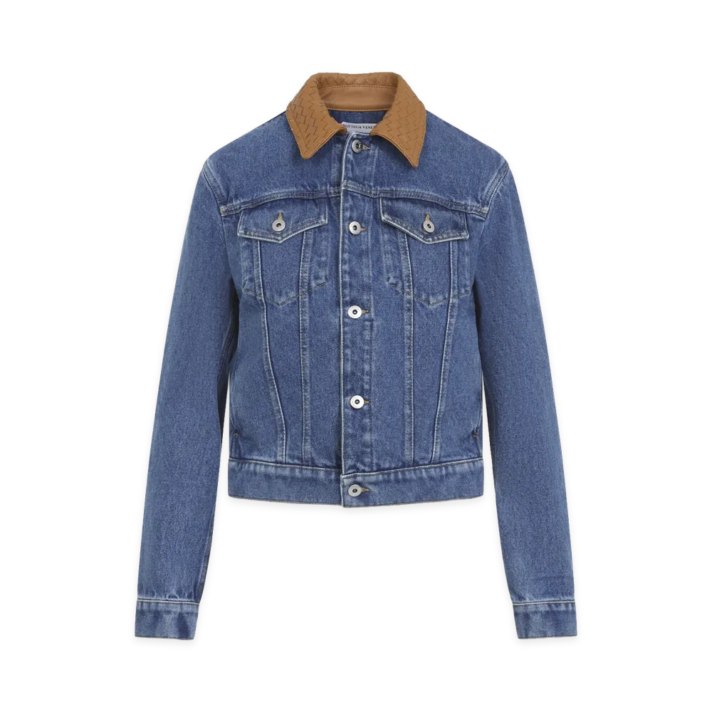 Bottega Veneta Women's Mid Denim Intrecciato Collar Jacket "Light Blue/Blue"