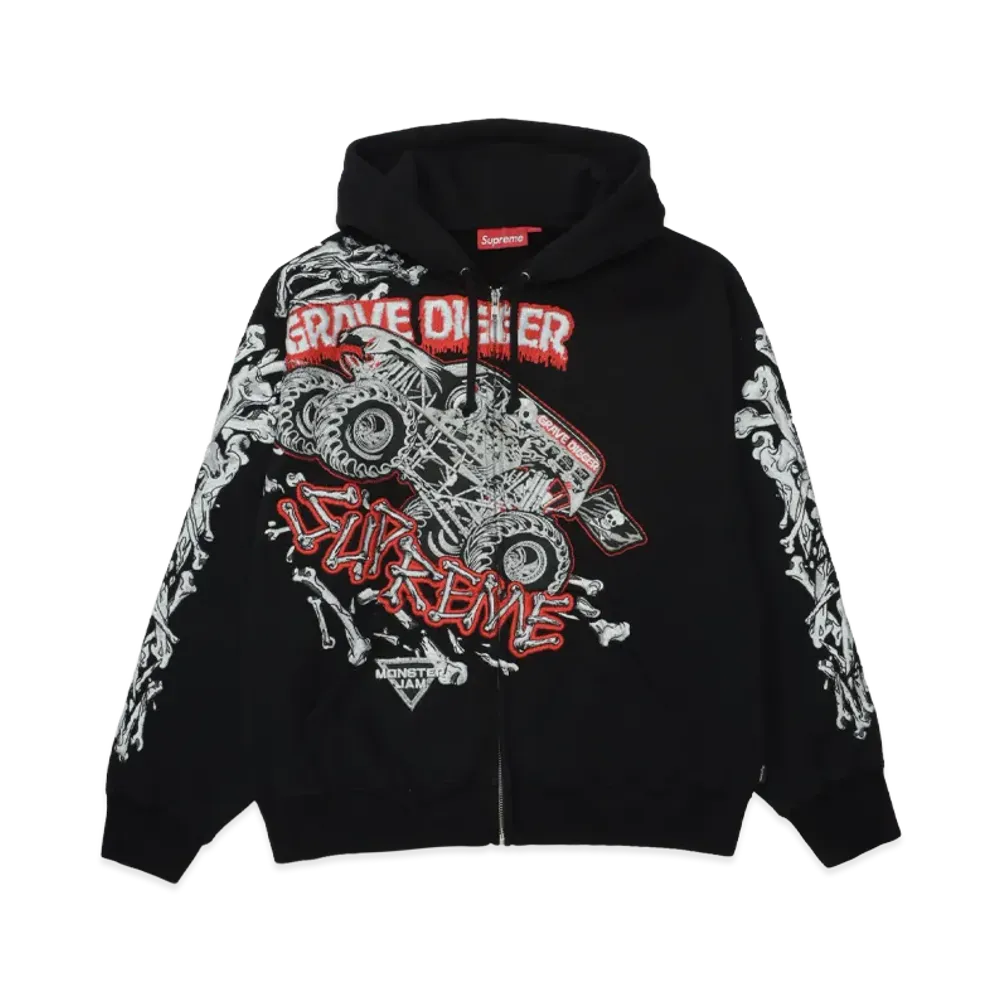 Supreme Grave Digger Bones Zip Up Hooded Sweatshirt "Black"