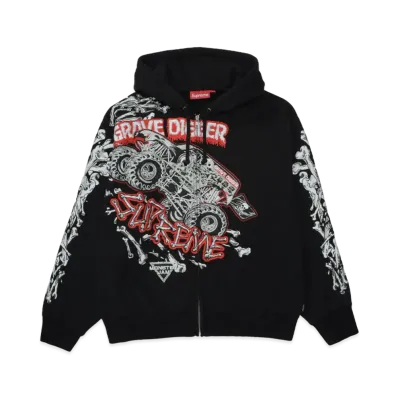 Supreme Grave Digger Bones Zip Up Hooded Sweatshirt "Black"